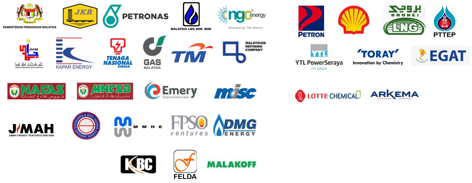 Client logos including Petronas, Shell, Petron, Tenaga Nasional, YTL PowerSeraya, Malaysia LNG, Brunei LNG, PTTEP, MISC, Malakoff and FELDA